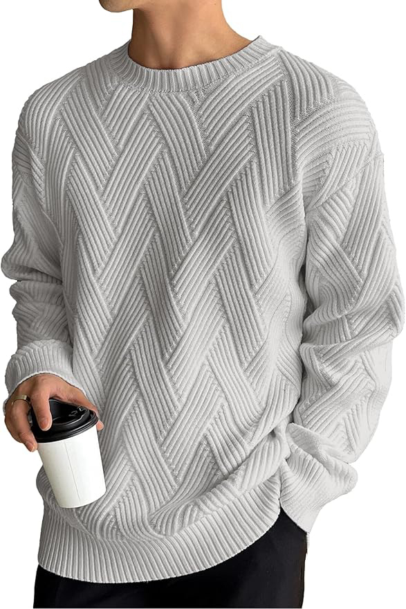 Factory Direct Herringbone Knit Crew Neck Sweater for Men – Light Grey