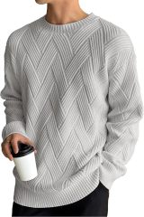 Factory Direct Herringbone Knit Crew Neck Sweater for Men – Light Grey