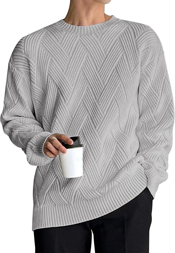 Factory Direct Herringbone Knit Crew Neck Sweater for Men – Light Grey