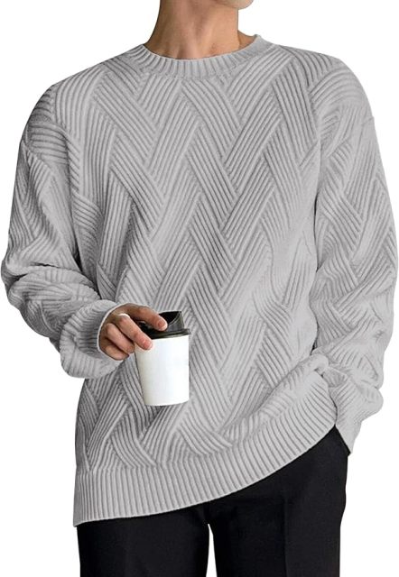 Factory Direct Herringbone Knit Crew Neck Sweater for Men – Light Grey