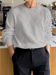 Factory Direct Herringbone Knit Crew Neck Sweater for Men – Light Grey