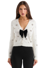 Wholesale Women’s Pearl & Crystal Embellished Cardigan with Bow – Elegant White Knit