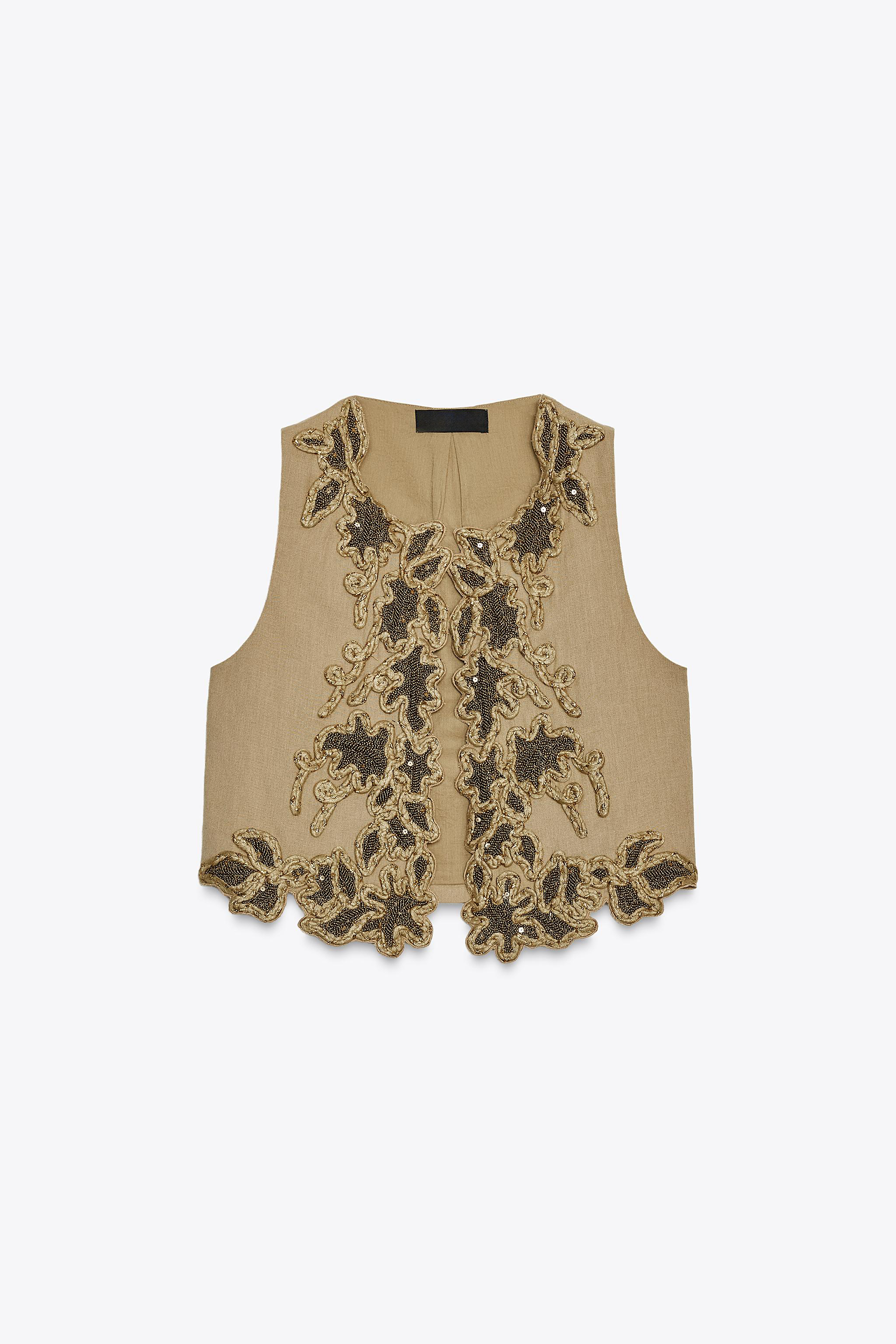 Wholesale Embroidered Linen Vest with Beaded Detailing – Gold & Black