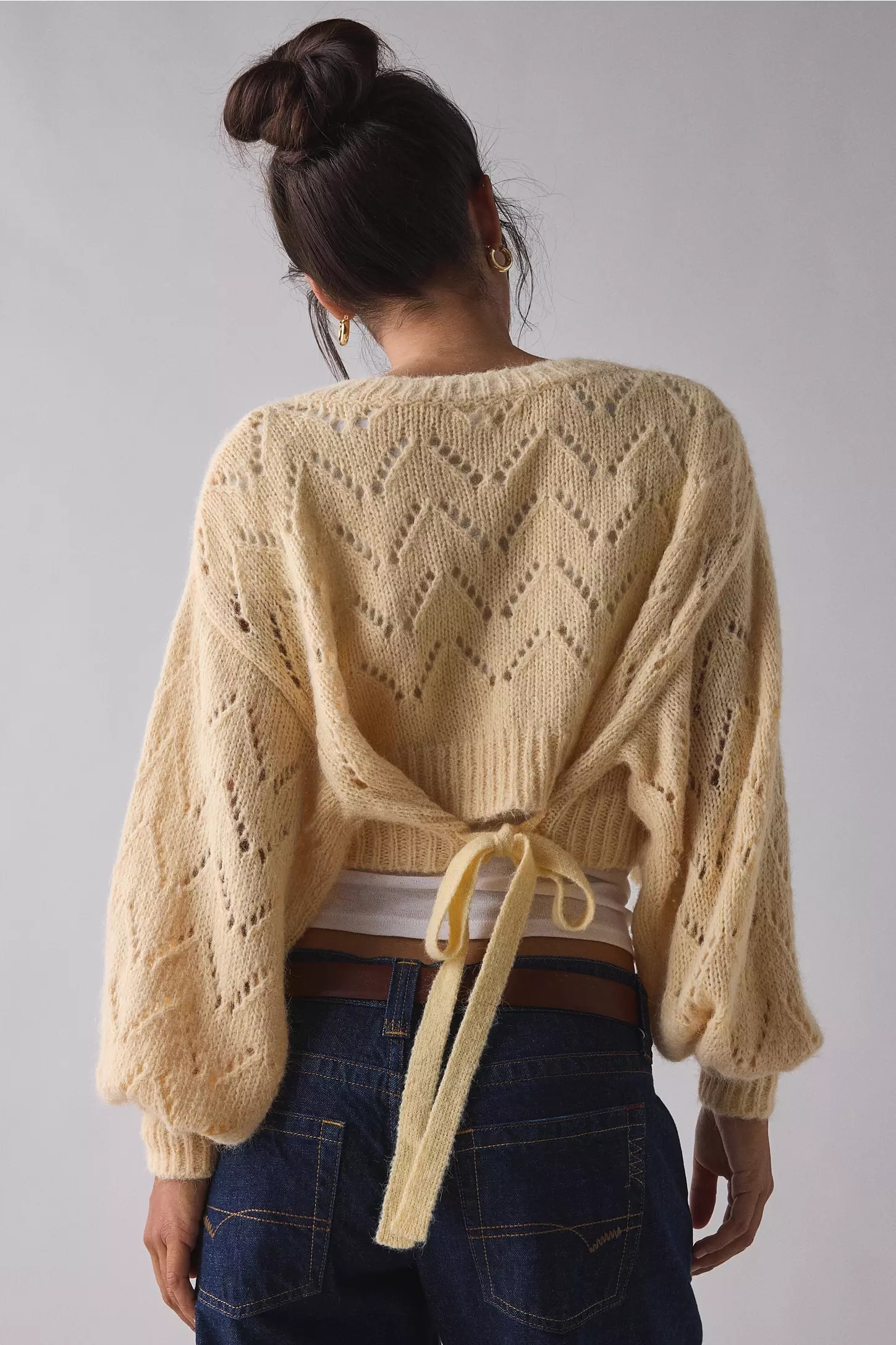 Custom Design Cream Knit Cropped Cardigan with Openwork Design
