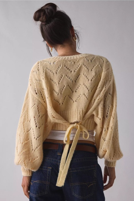 Custom Design Cream Knit Cropped Cardigan with Openwork Design