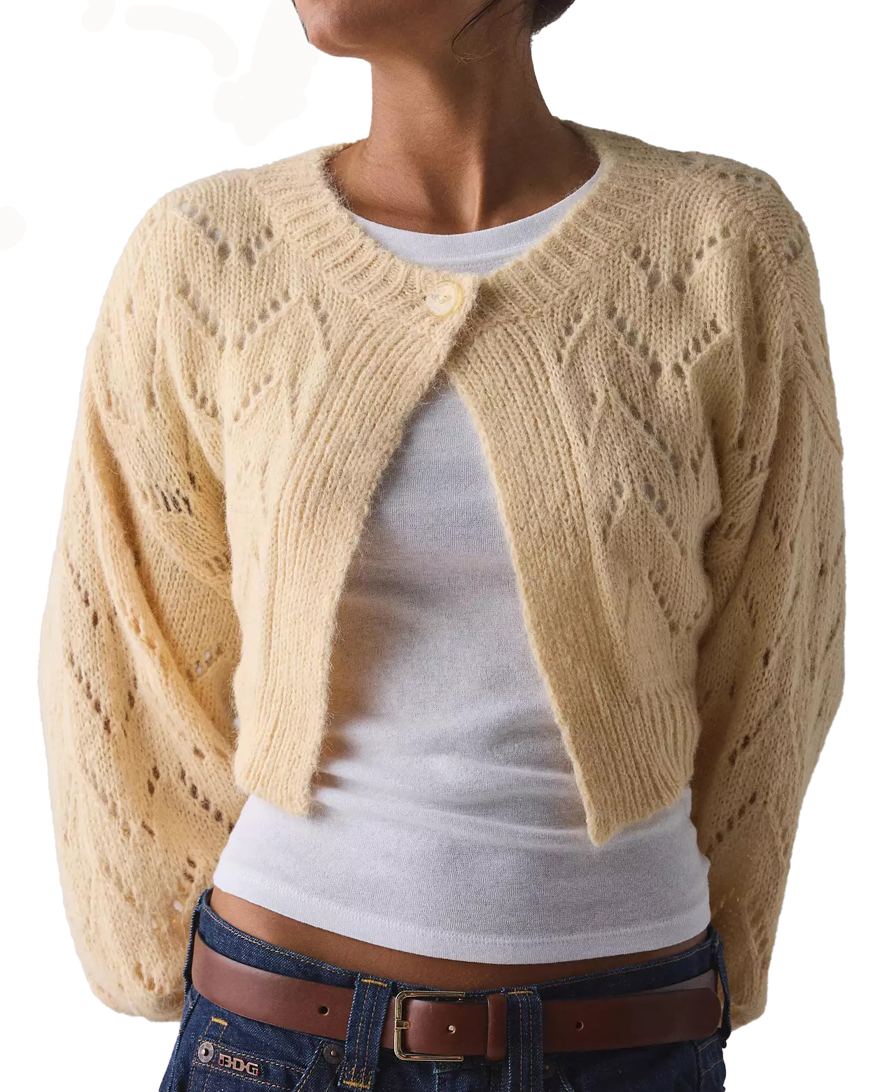Custom Design Cream Knit Cropped Cardigan with Openwork Design