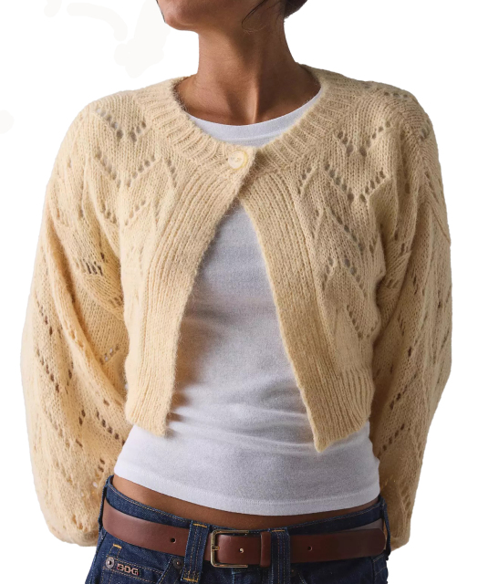Custom Design Cream Knit Cropped Cardigan with Openwork Design