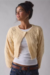 Custom Design Cream Knit Cropped Cardigan with Openwork Design