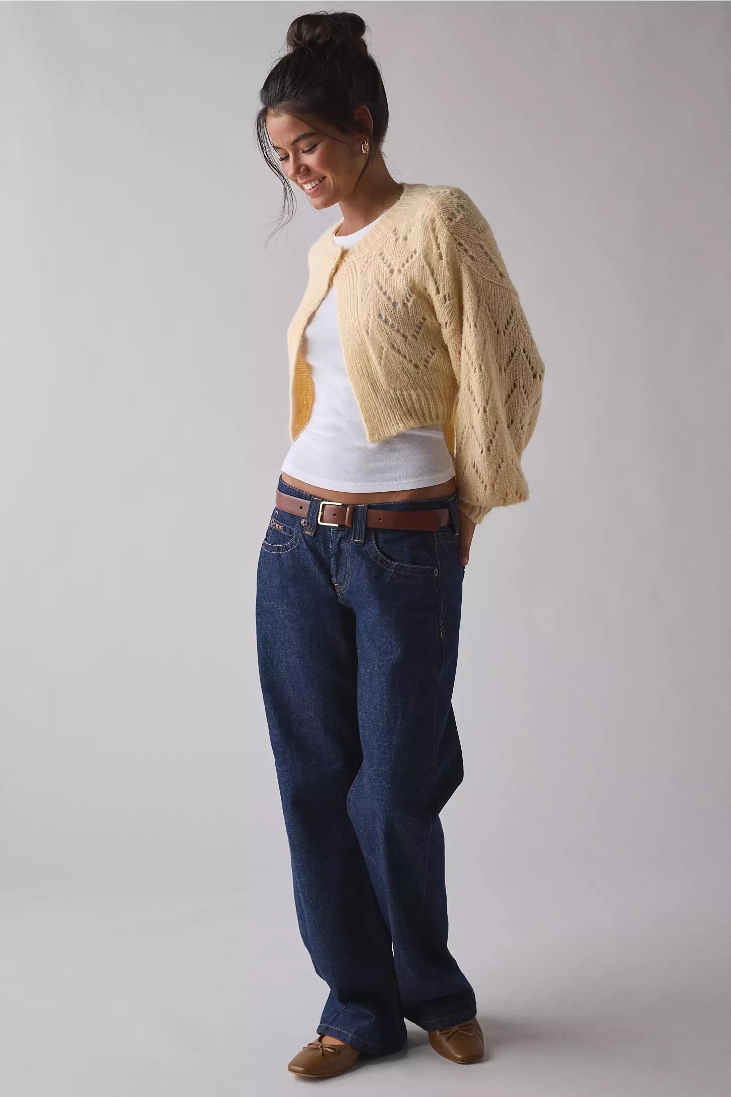 Custom Design Cream Knit Cropped Cardigan with Openwork Design