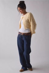 Custom Design Cream Knit Cropped Cardigan with Openwork Design