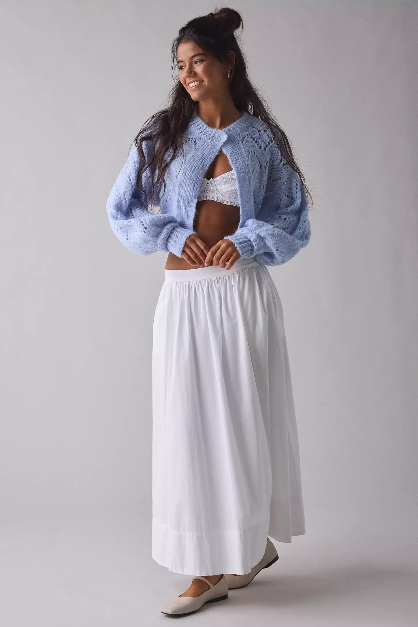 Custom Design Cream Knit Cropped Cardigan with Openwork Design