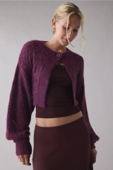 Custom Design Cream Knit Cropped Cardigan with Openwork Design
