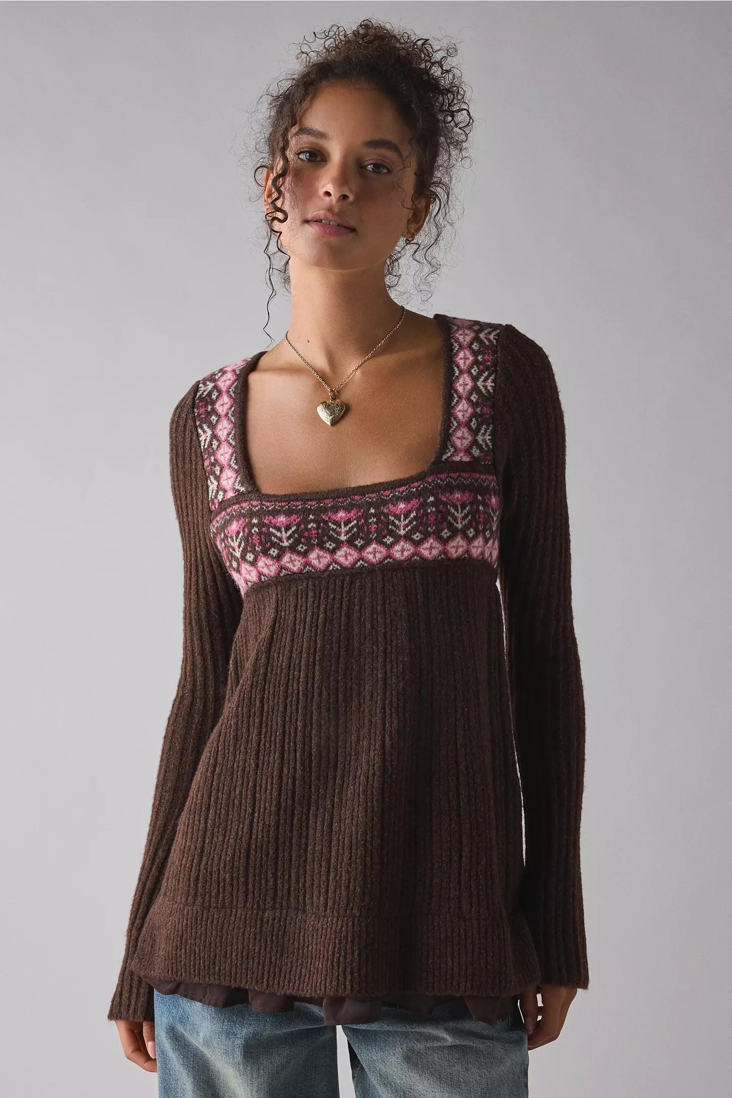 Personalized White Square Neck Knit Sweater with Nordic Pattern