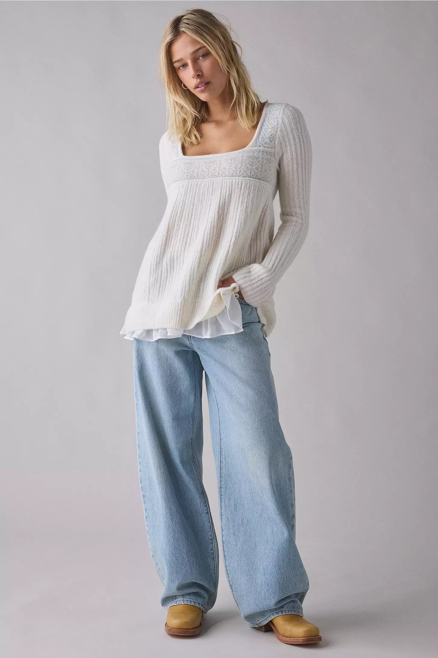 Personalized White Square Neck Knit Sweater with Nordic Pattern