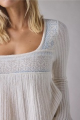 Personalized White Square Neck Knit Sweater with Nordic Pattern