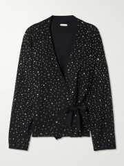 OEM ODM Black Sequin Embellished Wrap Cardigan with Tie Waist