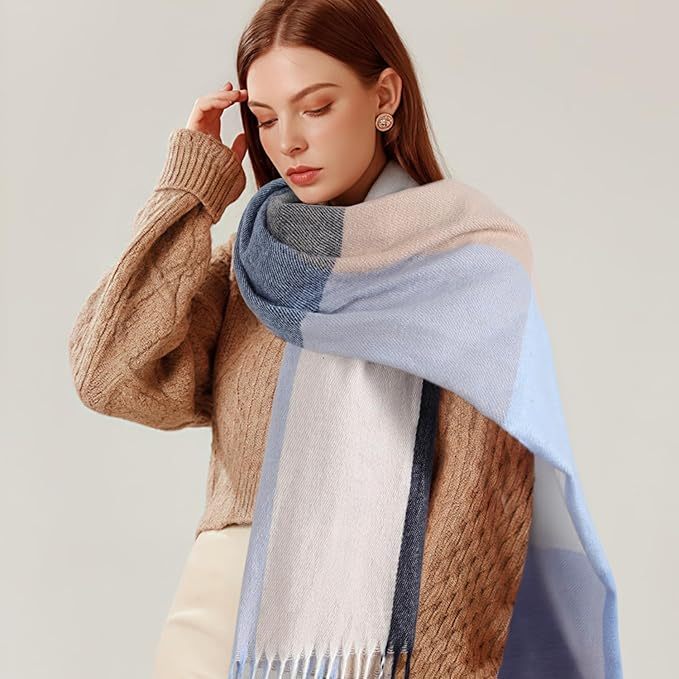Customized Multi-Color Block Cashmere-Blend Scarf with Fringe