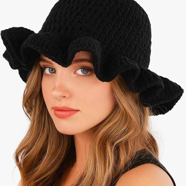 Personalized Crochet Ruffle-Edge Black Sun Hat