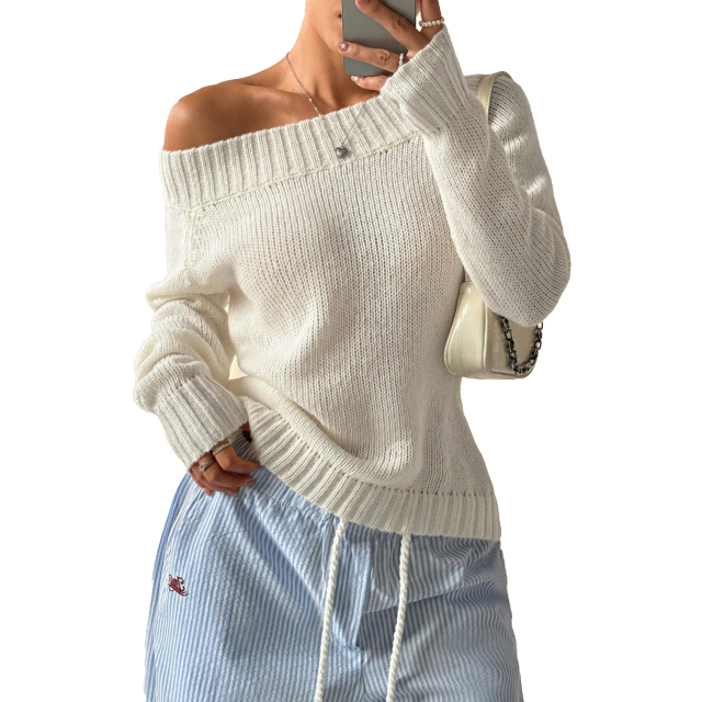 OEM ODM Off-Shoulder Knit Sweater – Elegant White Pullover
