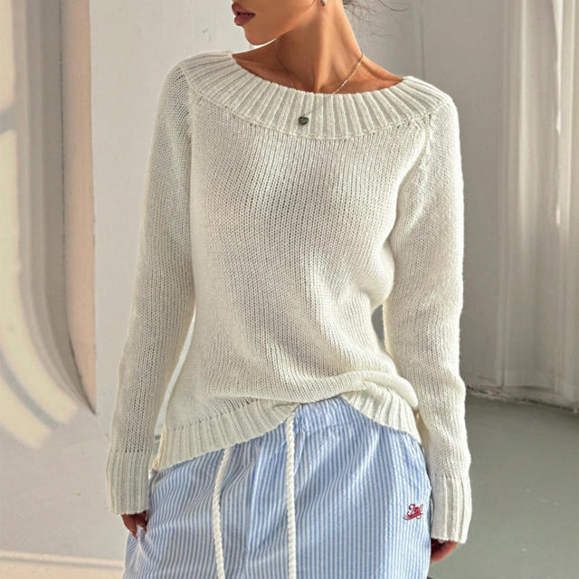 OEM ODM Off-Shoulder Knit Sweater – Elegant White Pullover
