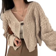 OEM ODM Cropped Cable Knit Cardigan – Beige V-Neck Sweater
