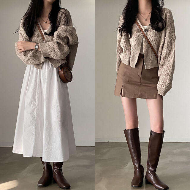 OEM ODM Cropped Cable Knit Cardigan – Beige V-Neck Sweater