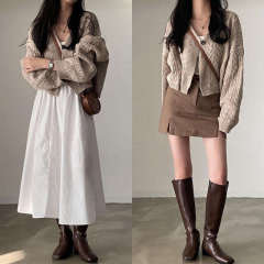 OEM ODM Cropped Cable Knit Cardigan – Beige V-Neck Sweater