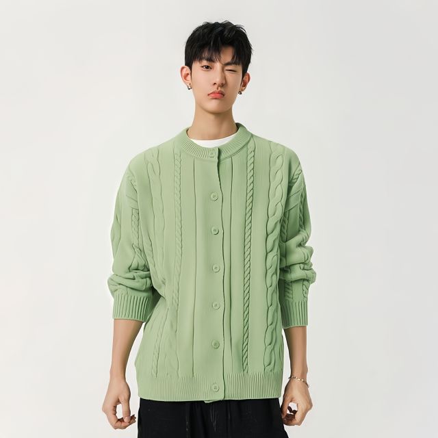 OEM ODM Men’s Oversized Cable Knit Button-Up Cardigan – Beige