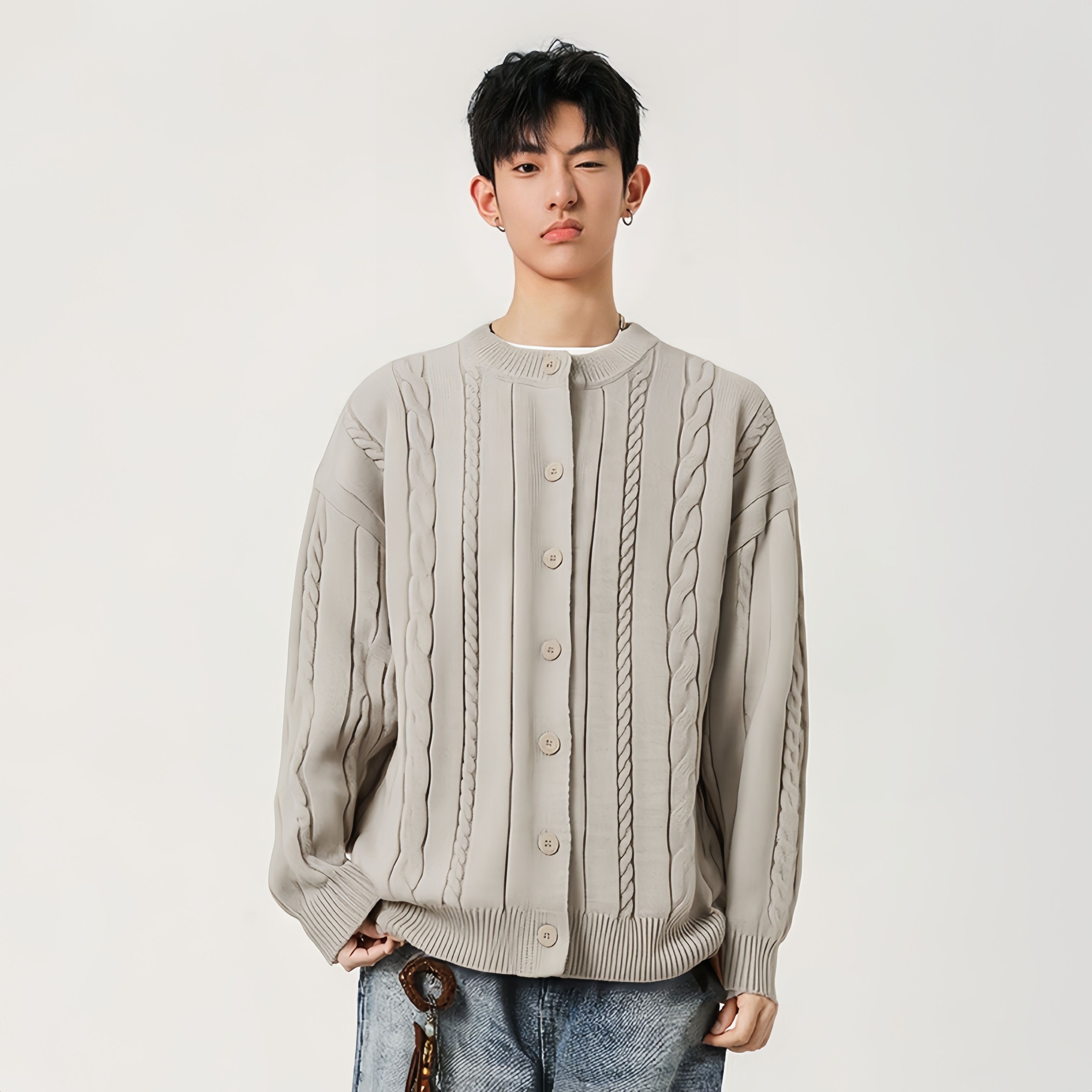 OEM ODM Men’s Oversized Cable Knit Button-Up Cardigan – Beige