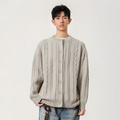 OEM ODM Men’s Oversized Cable Knit Button-Up Cardigan – Beige