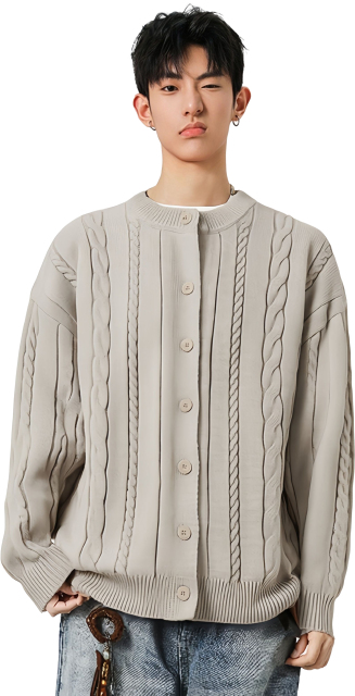 OEM ODM Men’s Oversized Cable Knit Button-Up Cardigan – Beige