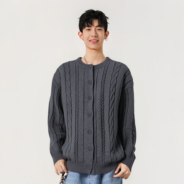 OEM ODM Men’s Oversized Cable Knit Button-Up Cardigan – Beige