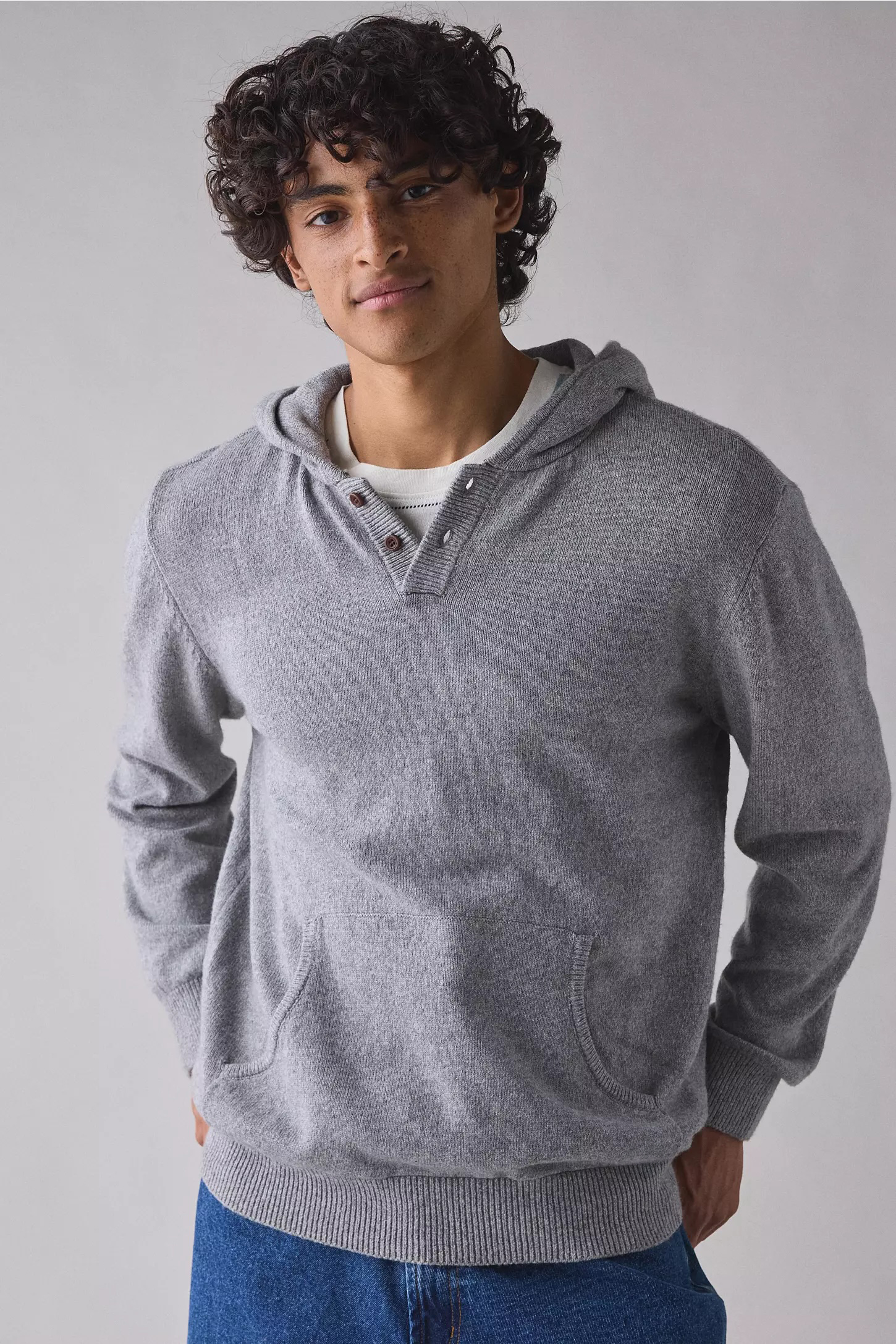 Whoelsale Men’s Knit Pullover Hoodie with Button Neckline – Heather Grey