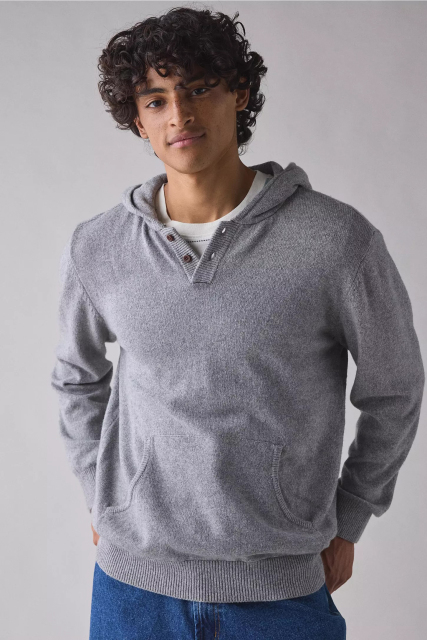 Whoelsale Men’s Knit Pullover Hoodie with Button Neckline – Heather Grey