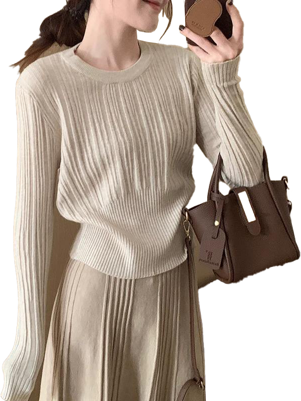 Factory Direct Beige Ribbed Sweater and Skirt Set - Women's Fall and Winter Casual Outfit