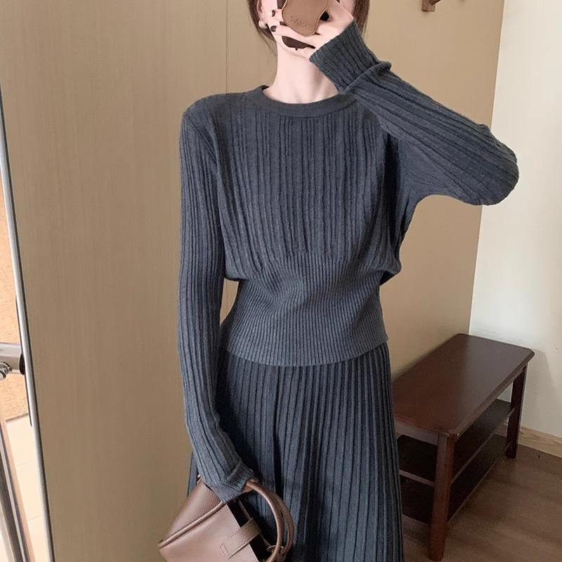 Factory Direct Beige Ribbed Sweater and Skirt Set - Women's Fall and Winter Casual Outfit