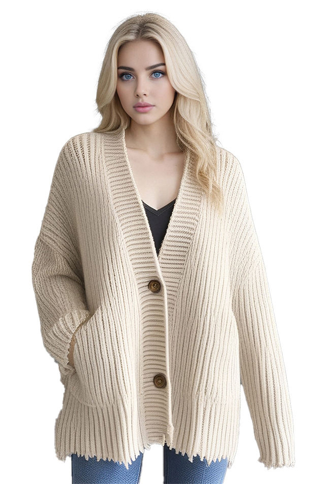 Personalized Beige Knitted Cardigan with Button Closure and Pockets - Women's Fall and Winter Sweater