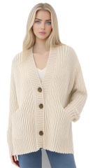 Personalized Beige Knitted Cardigan with Button Closure and Pockets - Women's Fall and Winter Sweater