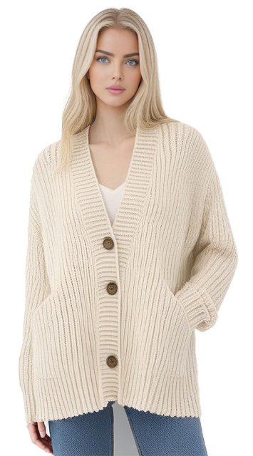 Personalized Beige Knitted Cardigan with Button Closure and Pockets - Women's Fall and Winter Sweater