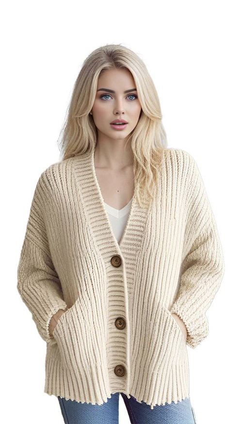 Personalized Beige Knitted Cardigan with Button Closure and Pockets - Women's Fall and Winter Sweater