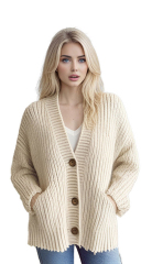 Personalized Beige Knitted Cardigan with Button Closure and Pockets - Women's Fall and Winter Sweater