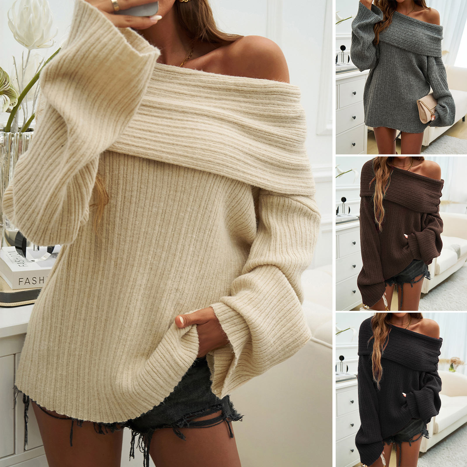 Personalized Burgundy Off-the-Shoulder Ribbed Sweater - Women's Casual Fall and Winter Top