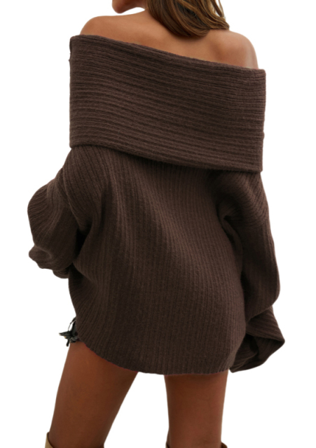 Personalized Burgundy Off-the-Shoulder Ribbed Sweater - Women's Casual Fall and Winter Top