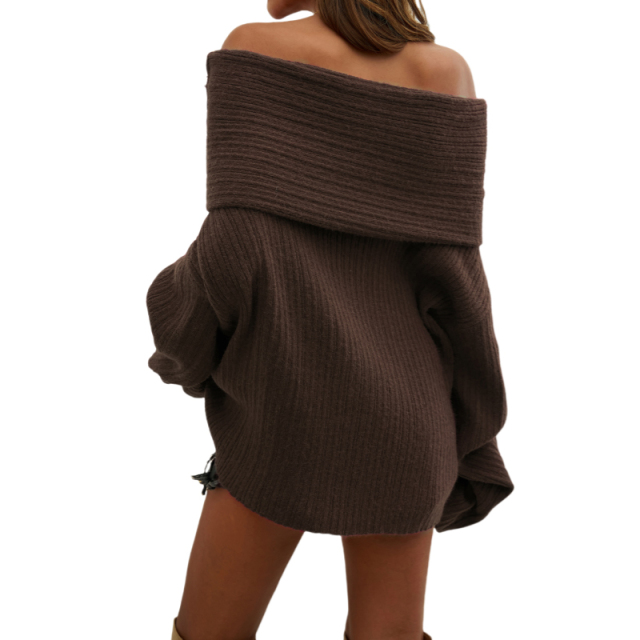 Personalized Burgundy Off-the-Shoulder Ribbed Sweater - Women's Casual Fall and Winter Top