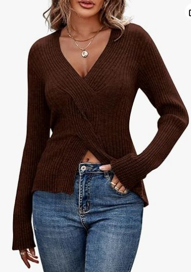 Personalized Ivory Ribbed V-Neck Wrap Sweater - Women's Casual Chic Knit Top