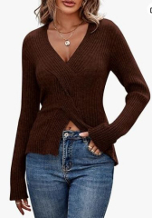 Personalized Ivory Ribbed V-Neck Wrap Sweater - Women's Casual Chic Knit Top