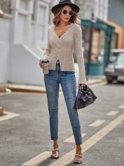 Personalized Ivory Ribbed V-Neck Wrap Sweater - Women's Casual Chic Knit Top