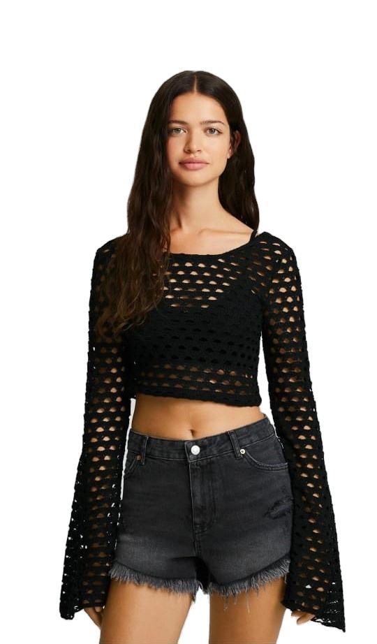 Customized Black Crochet Bell-Sleeve Crop Top - Women's Boho Chic Blouse