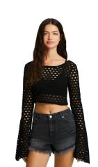 Customized Black Crochet Bell-Sleeve Crop Top - Women's Boho Chic Blouse
