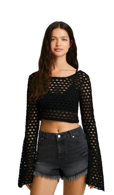 Customized Black Crochet Bell-Sleeve Crop Top - Women's Boho Chic Blouse
